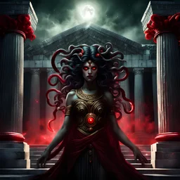 dark fantasy, medusa goddess, ominous atmosphere, sparkles, red eyes, greek temple scenario