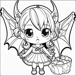 create a 2d black outline, " kawaii devil girl with bat wings coloring book for kids", coloring page, low details design, black contour, coloring page design, colorful , card style, coloring page for kids, halloween backgorund,sketch style,