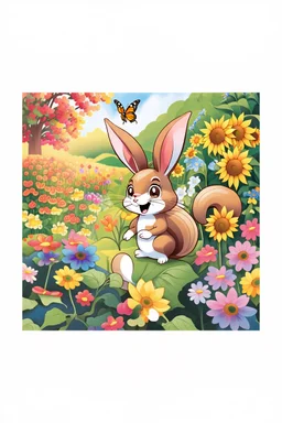 The cute bunny excitedly looks at a bright yellow sunflower in the colorful garden, the beautiful butterfly and friendly brown squirrel are in the picture, child book illustration style, faces must be the same as reference image