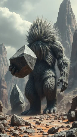 realistic photo of a landscape covered in granite that looks futuristic with futuristic lighting , a giant creature with a lot of hair holding a big granite up