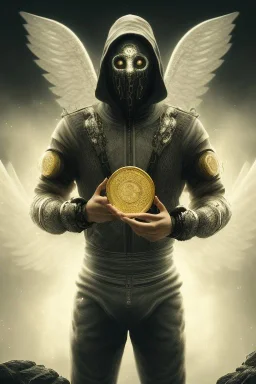 running berserker portrait , no face, black jogging suite , in the night Alps , holding coins , angels background, volumetric gold light, high detail, dark leaf tree, dark mountains in background, perfect, HR Giger style