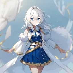 Clear focus, High resolution, rough line sketch art, short fluffy white hair, hair between eyes, fluffy hair, blue eyes, wearing a sleeveless shirt, wearing a a pleated skirt , detailed outfit, lots of details, bow on belt, white belt, white and blue everywhere on outfit, cut sleeve, yellow chains around outfit, concept art