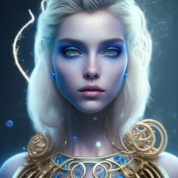 slightly smiling blonde pretty yoga artist,insane makeup, plain hair with blue sparks, labyrinth background , levitated lab equipment, 4k, Highly Detailed, Masterpiece, perfect eyes, Digital Illustration, Cinematic Lighting, Realistic, Sharp Focus, Centered, Beautifully Lit, Bioluminescent by Stanley Artgerm Lau