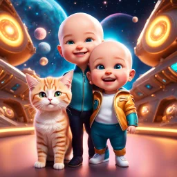 (masterpiece, best quality, 8k, RAW photo, beautiful and aesthetic:1.2), complex detail, Indirect light, photorealistic, (((full body))), 2 Cosmic Boss Baby style bald boy and girl smiling, long curved blonde hair , with a ginger cat companion, colorfull Sci-Fi environment