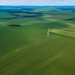 Aerial Drone Footage of Wind Turbines in Rural Area with Green Forests and Fields