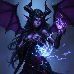 drow elf woman, sorceress, enchantress, dark hair, purple skin, demonic, digital art, dark fantasy