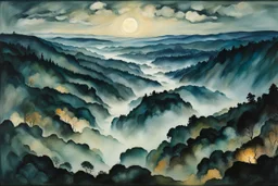 Aerial view painting of an expansive mist laden, rock strewn river forest landscape, pierced by shafts of pale moonlight , in the Expressionist style of Egon Schiele, Oskar Kokoschka, and Franz Marc, in muted natural colors,