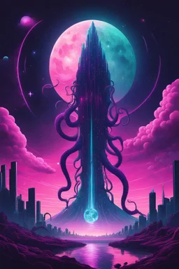 A surreal synthwave landscape featuring a towering cosmic entity with tentacles reaching towards a neon-lit city, under a sky filled with glitching stars, a distorted moon, and dark, swirling cosmic anomalies.