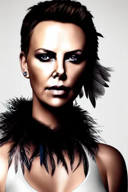 A beautiful portrait Charlize thero cyberpunk woman color scheme, high key lighting, volumetric light high details with white stripes and feathers