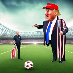 Donald Trump in a referee jersey officiating for a soccer match at Wembley Stadium