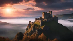 low-level shot of a ruined fantasy castle overlooking a valley, on a cliff top, after sun down, clouds glowing