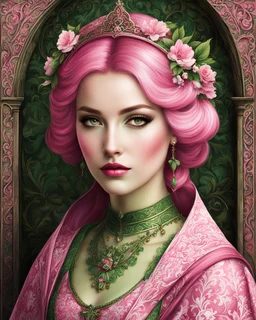 Artistic Pink green Lady , PRINT medieval style