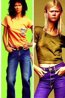 year 1996 denim fashion. Loose fit, low waist, baggy, Combat pants and t-shirt. Colors: denim blue, blue, purple, khaki, light green, lilac, plum, orange, terracotta, red, pink, dark blue, beige. Women models. Patterns: cheetah, balls, stripes.Jennifer Lopez, Gwyneth Paltrow, . Big tennis shoes on. Cargo pants. leg warmer