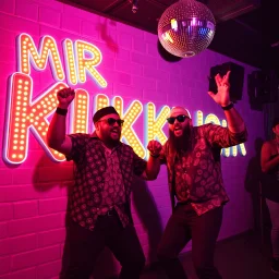 MR Kukrunk is Benny and DJ Roy in a disco, dancing, "Kukrunk" on sign wall, disco light, strobe, disco ball