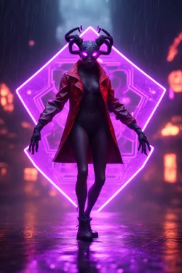 Volumetric fog spider satyr lights,paradise sacred geometry framed playing card, black, red, spore and purple neon fire cyber punk dancer thief in soaked rain coat shadows boss card in the style of escher and fallout 4 ,,bokeh like f/0.8, tilt-shift lens 8k, high detail, smooth render, down-light, unreal engine