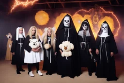 Scary giant mascot puppets and A sexy 23 year old skinny nun dressed in a black nun costume as a church nun costume with lace with 70s blonde hair in ribbons and pigtail, with undead slime teddy bear mascots with bolts of electric arcs and glitter in the air with lightning, shot on video VHS