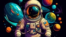 Illustre moi un astronaute dans l'espace. On doit le voir en plan centrale avec dans le fond l'espace, avec plusieurs planètes et étoiles. Le thème des couleurs doit rester dans les codes couleurs de l'espace. Fait un style réaliste.