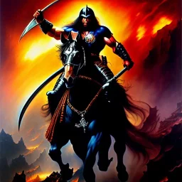 portrait oil on canvas, Death Dealer riding black horse ,comic book cover, mystical colors,insanely detailed,realistic,intrincate detail, 16k resolution, masterpiece,Frank Frazetta,Alex Horley, Simon Bisley,Oscar chichoni