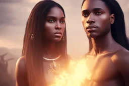 Beautiful black woman with long black hair standing next to brother with a scar, sorcerers, fantasy, ethereal, soft lighting, realistic lighting, HD 8K