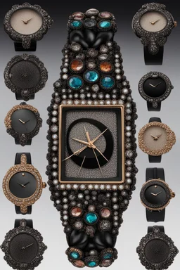 Black wristwatch set with precious stones