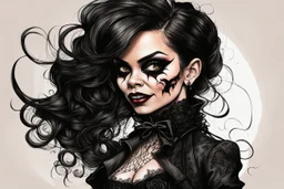 create a caricature of Jenna Ortega as a savage, sullen, gothpunk vampire girl with highly detailed and refined facial features and hair, clothed in an ornate Gothic rags and fishnet stockings, in the caricature cartoon style of Gerald Scarfe and Ralph Steadman, precisely drawn, boldly inked, vividly colored, 4k