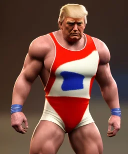 Realistic image of Donald trump wrestler, Mexican wrestling style, eye line, red and blue breeches, glow us flag dress, suspenders, retro style, 80s, vibrant color, highly detailed, clean background, concept art, unreal engine 5, god rays, ray tracing, RTX, lumen lighting, ultra detail, volumetric lighting, 3d, finely drawn, high definition, high resolution.