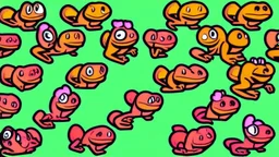 game sprite sheet of 30 images of stylized frog, view from six different angles covering 360°, collection sheet, arcade game, digital art