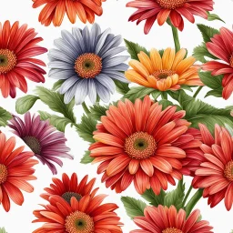 gerbera daisy flower on white background, illustration, seamless texture