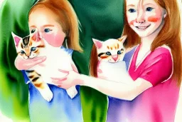 A cute smiling Norwegian girl is holding a kitten. Watercolour