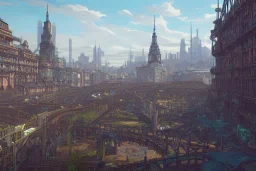 Trainstation+Bar and garden on High Bridges across Skyscraper river+Gothic village+European Metropolis on sea+naples alley+Torino square+trieste canals+victorian London+decòpunk Skyscraper+ +steampunk+biopunk+alphonse mucha, greg rutkowski, matte painting, cryengine, hyper detailed, felix kelly, fantasy art, seb mckinnon