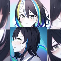 Clear focus,High resolution,High quality, 1girls, with color, anime girl with black hair with rainbow hair, crying in school, blur in the background, manga style