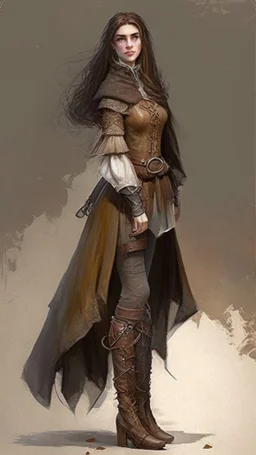 girl, brown hair, Her eyes are brown, she wears fantasy medieval clothes, she is slim, full body with boots side profile