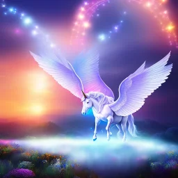  surreal illustration of a unicorn on luminous landscape, realistic, unicorn with glowing wings, glowing soft and smooth wings, shadow, highly detailed, intricate patterns on wings, soft studio lighting, smooth dark blue background 64k