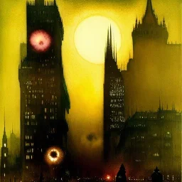 Metropolis Skyline ,dark colours, watercolor, volumetric felting, macro photograph , by john atkinson Grimshaw, detailed painting,matte painting, alphonse mucha, greg rutkowski