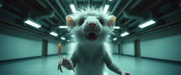 fluffy rat elf vampire scumbag in the style of Escher and Giger and Fallout 4, pinhole cam, airbrush 3d rendering, on tv screen:A five-second cinematic single take in a clean industrial presentation hall.