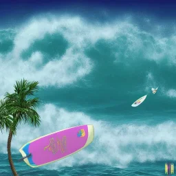 1980's aesthetic vaporwave surf board on waves with palm trees