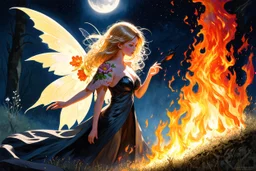 vibrant sketch, beautiful fairy in the middle of the night fighting with a fire dragon, the fairy's hair is glowing (golden), her cloak is embroidered with bioluminescent flowers, shading pastel and charcoal, flames, photorealistic watercolor in moonlight