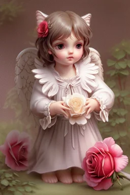 general view: a very small and delicate charming one-year-old angel with a perfect face with straight brown hair from heaven sits in the garden on a blanket of cut roses and holds a red rose flower without a branch, in front of her liesa large fluffy gray cat, jean baptiste monge style, without inscriptions, logos and extraneous stamps, there should be no extra fingers and toes, don't make your cheeks scarlet red elegant fantasy photorealistic beautiful ultra detailed cinematic postprocessin