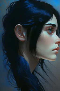 beautiful girl, black hair, blue eyes, side profile