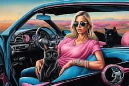 Woman in pink sedan sport car wearing a pink top blue jeans and silver jewelry next a black cat sitting in car, detailed, photorealistic, harmony mood, blue sky, background landscape