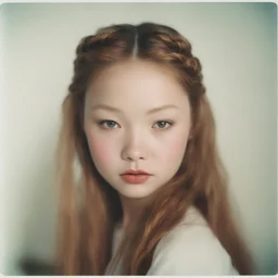 Fashion Polaroid of devon aoki with red cheeks and nose, braids. in a bedroom, 1976,