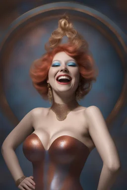 Head and shoulders image, Laughing hysterically, A Fantastical Heavy Metal Rock and Roll Comedy in 3D - Once upon time there lived a tiny, thin, slender, little woman named Shasta Zarktitties, a voluptuous beauty, wearing a skinsuit, inspired by all the works of art in the world, Absolute Reality, Reality engine, Realistic stock photo 1080p, 32k UHD, Hyper realistic, photorealistic, well-shaped, perfect figure, perfect face, a multicolored, watercolor stained, wall in the background,