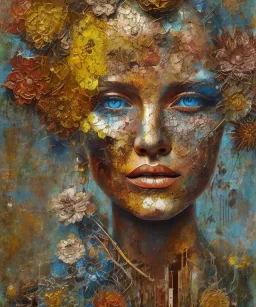  an abstract painting of rusted metal and flowers, african portrait, rust, scaffolding, iron cladding, decay, mixed media, textured, anatomically correct, beautiful perfect face, sharp focus, highly detailed, injured face