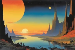 [art by W. Heath Robinson] A dramatic alien landscape on the planet Gor, featuring towering cliffs, a river of molten gold, and a sunset casting vibrant colors across the sky, with shadowy figures in the foreground