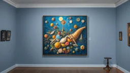 a painting displayed in a room, interconnections, cornucopia, blue atmosphere, chaotic composition, interconnected human life forms