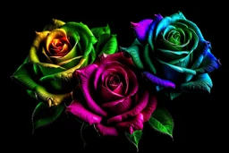 Colorfull three flower rose, Florescente and vibrant, Dark background, real
