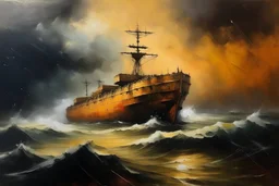 Oil painting in Rembrandt style of a container ship in rough weather