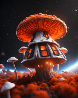 singular weird floating mushroom house in space. platinum, white, and tangerine tetradic colors , Dark cosmic galactic interstellar. Detailed Matte Painting, deep color, fantastical, intricate detail, splash screen, hyperdetailed, insane depth, concept art, 8k resolution, trending on Artstation, Unreal Engine 5, color depth, backlit, splash art, dramatic, High Quality Whimsical Fun Imaginative unusual, good composition