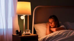 woman in bed with a bedside lamp and a cup of tea on the bedside table