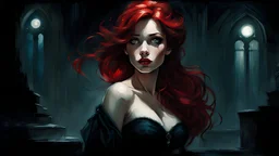 Graphic Novel Full Body Portrait Of Disney Ariel, Gorgeous Red Hair, Big Wide Set Eyes, Cute Nose, Big Pouty Lips, Unique Moody Face, Femme Fatale, Black night gown and stockings At Night, Cinematic Detailed Mysterious Sharp Focus High Contrast Dramatic Volumetric Lighting,:: dark mysterious esoteric atmosphere :: digital matt painting by Jeremy Mann + Carne Griffiths + Leonid Afremov, black canvas, dramatic shading, detailed face